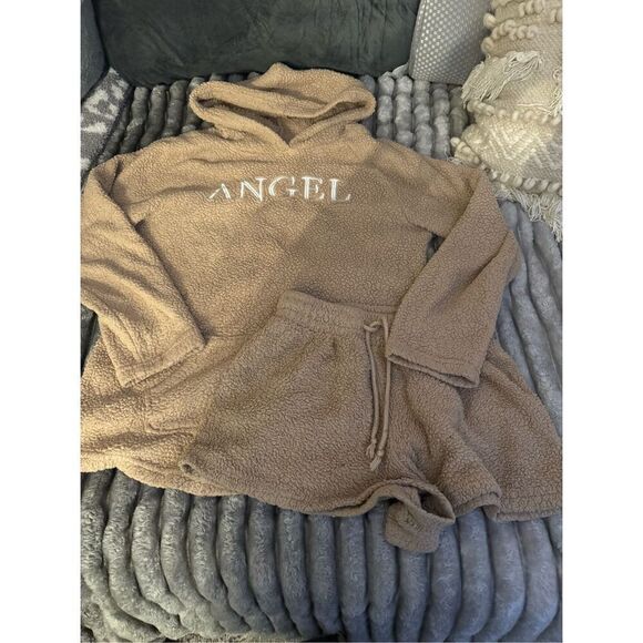 Small tan sherpa teddy angel hoodie short set pj pajamas - Picture 1 of 5